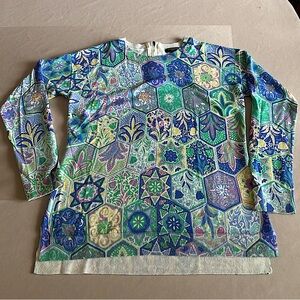 Talbots Petite Soft Tile Print Crew Neck Sweater Zip Back